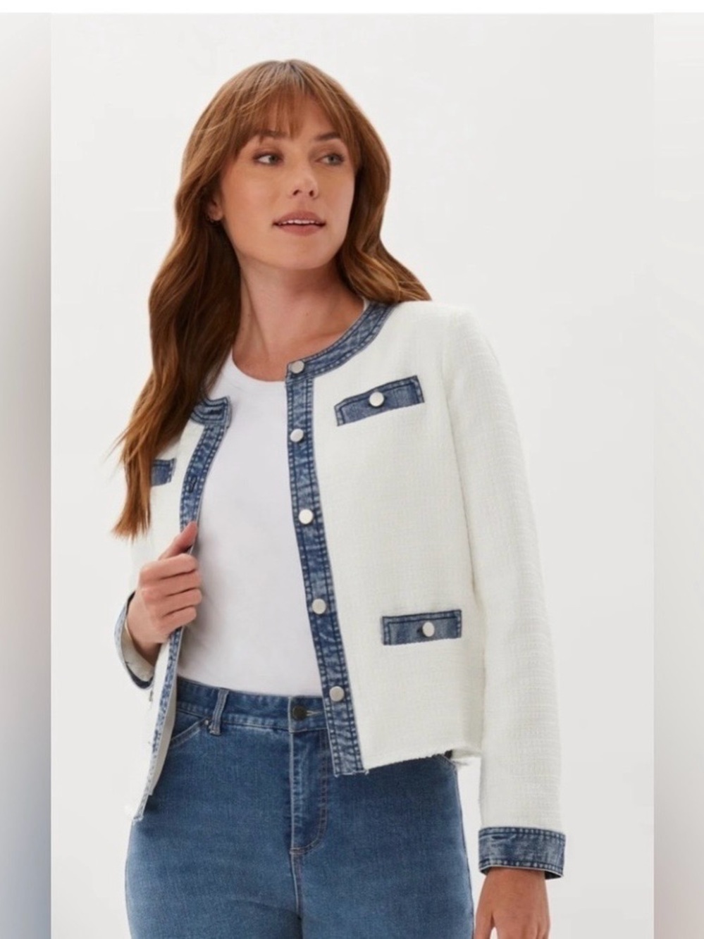#644 ECRU Mixed Media Tweed Jacket with Blue Denim Trim. NWT - Picture 6 of 14